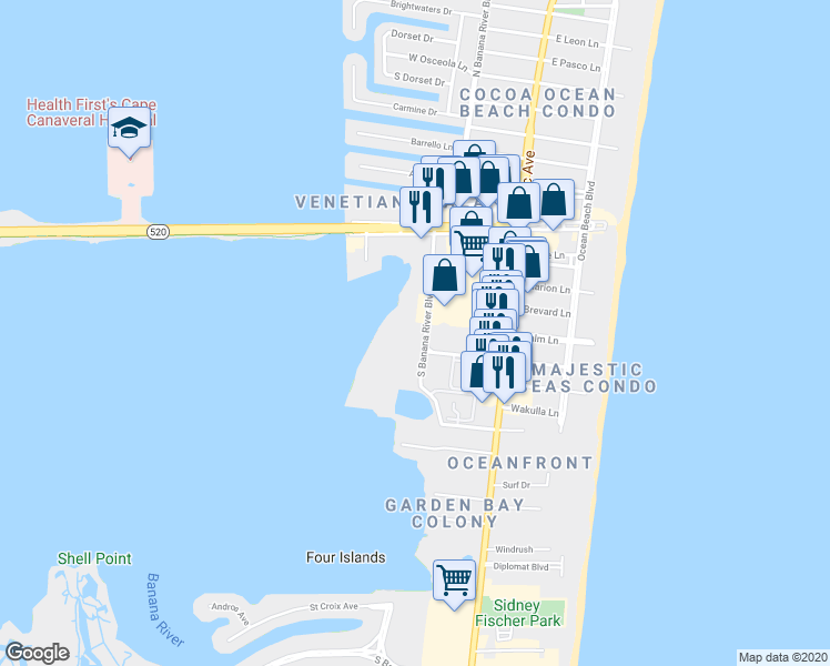 map of restaurants, bars, coffee shops, grocery stores, and more near 4098 South Banana River Boulevard in Cocoa Beach