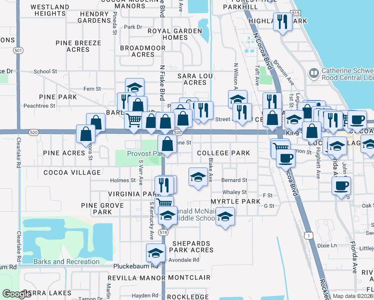 map of restaurants, bars, coffee shops, grocery stores, and more near 812 Temple Street in Cocoa