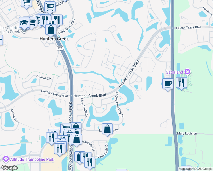 map of restaurants, bars, coffee shops, grocery stores, and more near 2709 Falling Tree Circle in Orlando