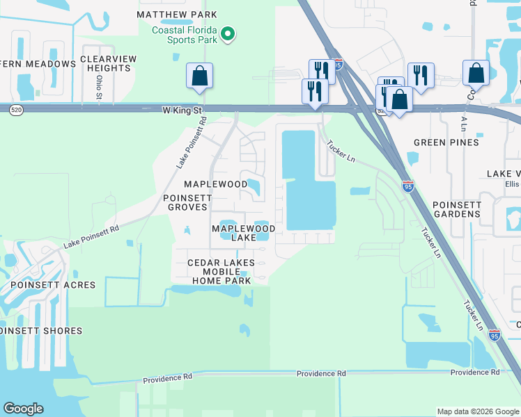 map of restaurants, bars, coffee shops, grocery stores, and more near 3936 Fairwood Street in Cocoa