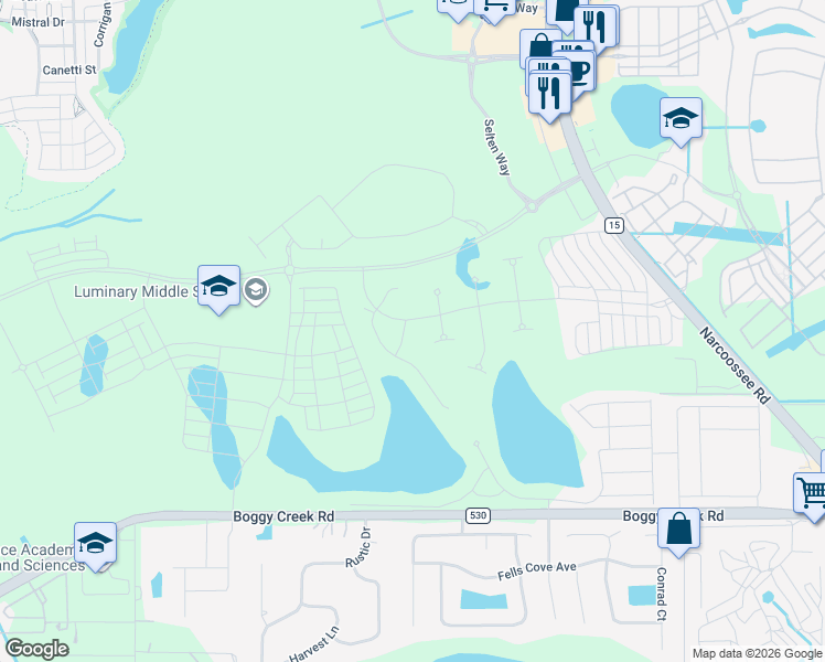 map of restaurants, bars, coffee shops, grocery stores, and more near Boggy Creek Road in Kissimmee