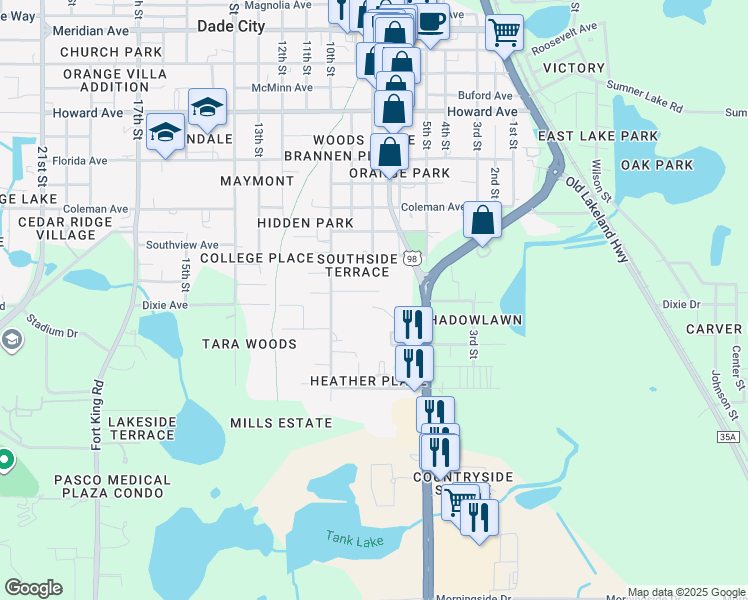 map of restaurants, bars, coffee shops, grocery stores, and more near 37838 Amelia Avenue in Dade City