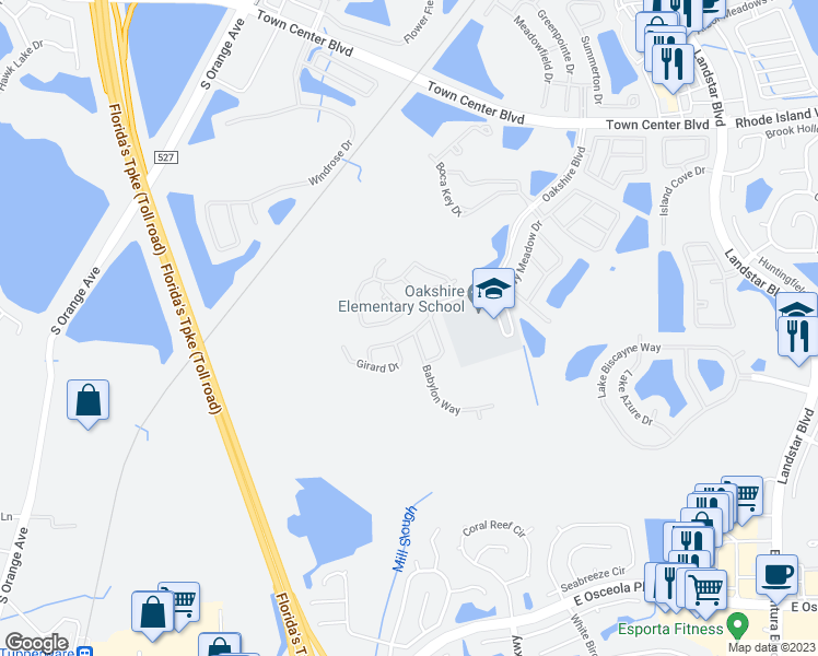 map of restaurants, bars, coffee shops, grocery stores, and more near 14331 Oakshire Boulevard in Orlando