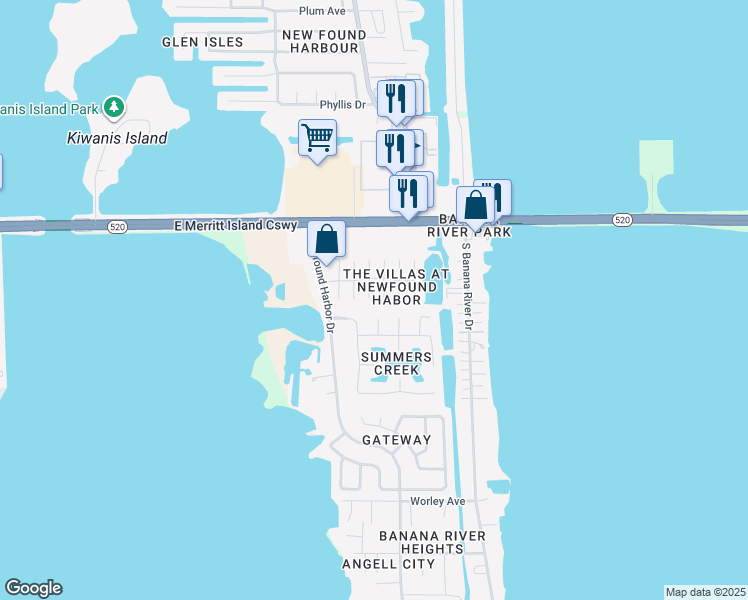 map of restaurants, bars, coffee shops, grocery stores, and more near 145 South Kenneth Court in Merritt Island