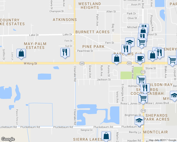 map of restaurants, bars, coffee shops, grocery stores, and more near 125 Grace Avenue in Cocoa