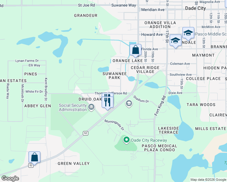 map of restaurants, bars, coffee shops, grocery stores, and more near 36802 Old Suwannee Road in Dade City
