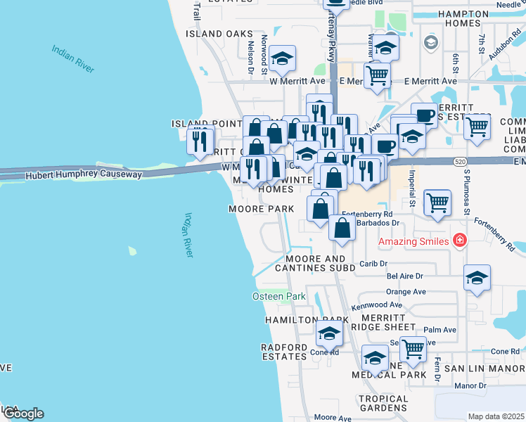 map of restaurants, bars, coffee shops, grocery stores, and more near 161 South Tropical Trail in Merritt Island