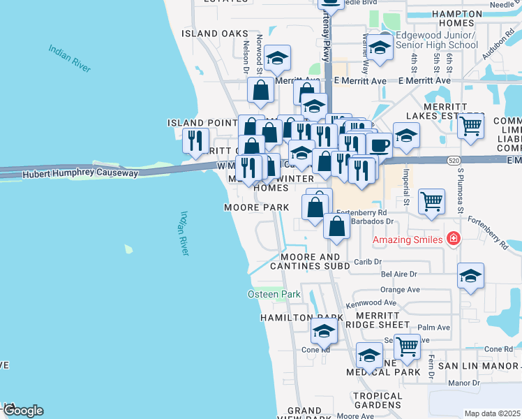 map of restaurants, bars, coffee shops, grocery stores, and more near 165 South Tropical Trail in Merritt Island
