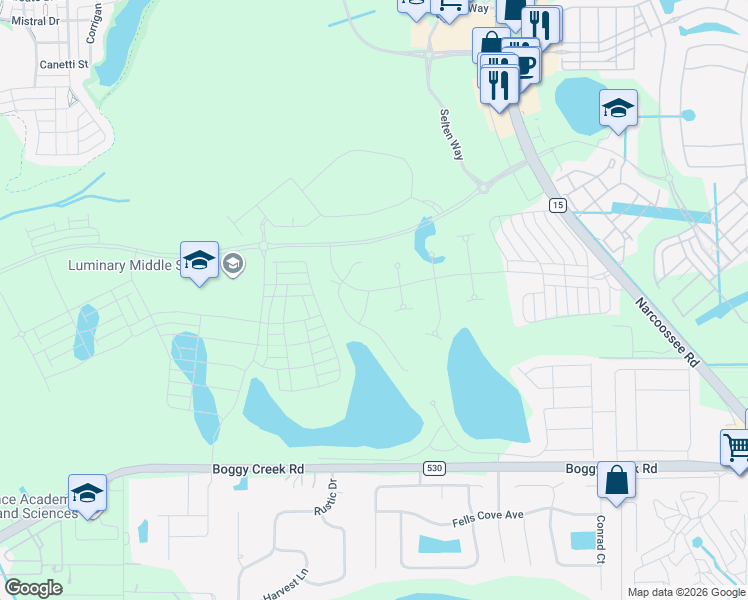 map of restaurants, bars, coffee shops, grocery stores, and more near Boggy Creek Road in Kissimmee