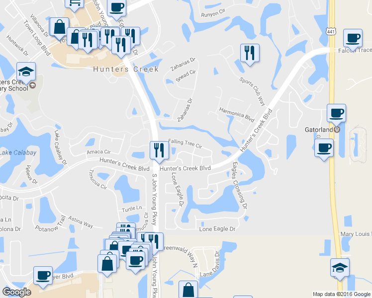 map of restaurants, bars, coffee shops, grocery stores, and more near 2942 Falling Tree Circle in Orlando