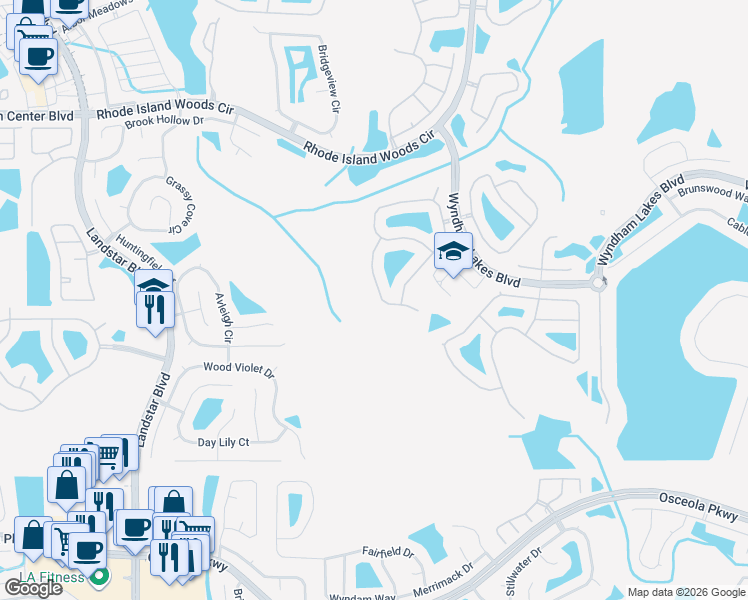 map of restaurants, bars, coffee shops, grocery stores, and more near 14655 Huntcliff Park Way in Orlando