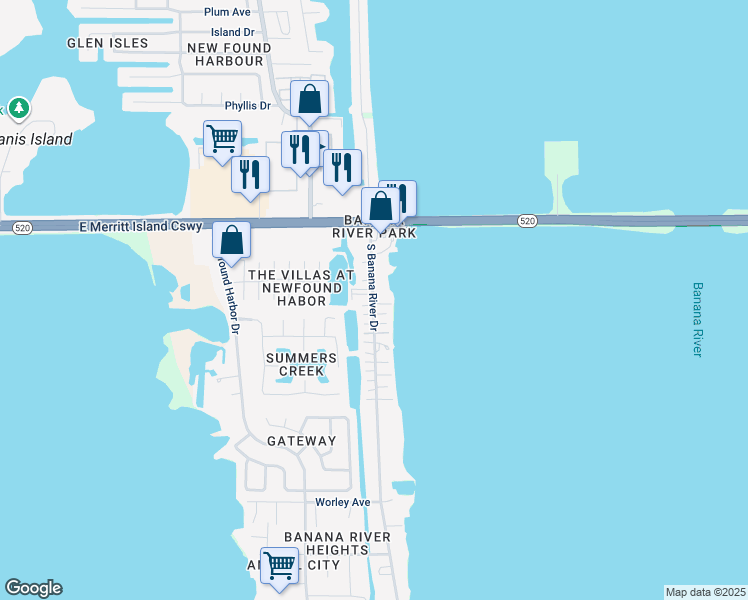 map of restaurants, bars, coffee shops, grocery stores, and more near 190 South Banana River Drive in Merritt Island