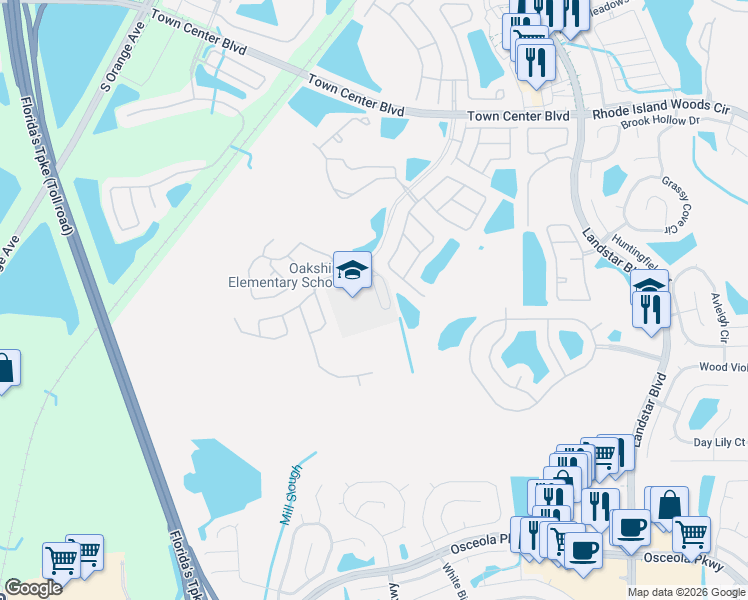 map of restaurants, bars, coffee shops, grocery stores, and more near 14501 Oakshire Boulevard in Orlando