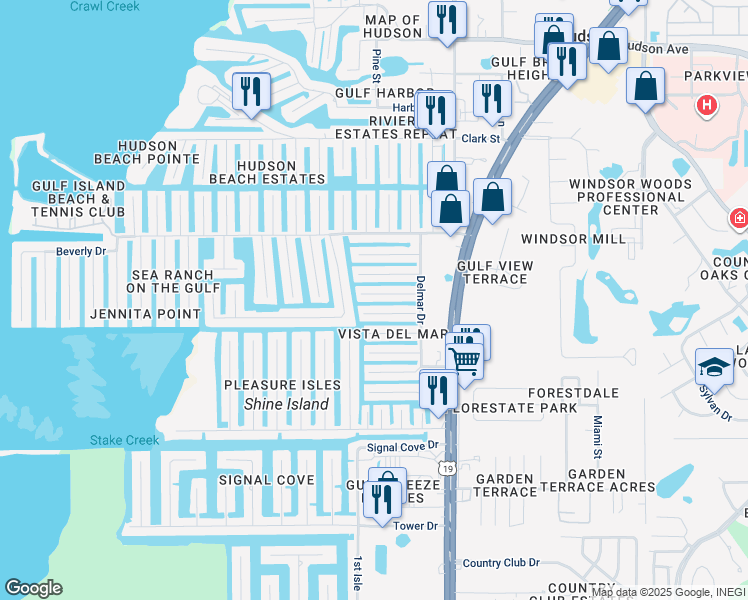 map of restaurants, bars, coffee shops, grocery stores, and more near 6736 Gull Lane in Hudson