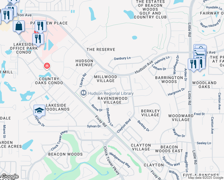 map of restaurants, bars, coffee shops, grocery stores, and more near 8302 Roxboro Drive in Hudson