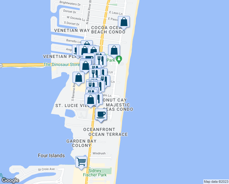 map of restaurants, bars, coffee shops, grocery stores, and more near 4000 Ocean Beach Boulevard in Cocoa Beach