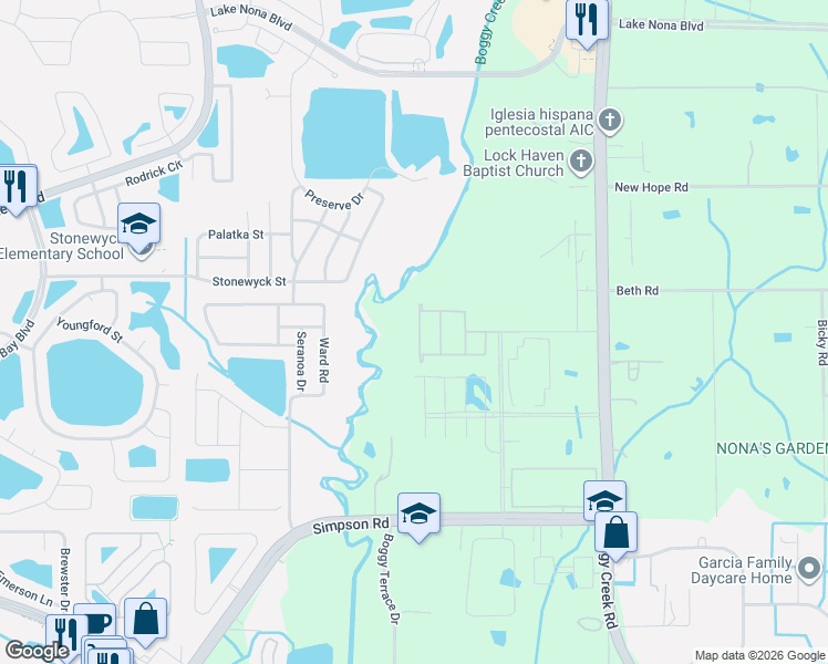 map of restaurants, bars, coffee shops, grocery stores, and more near 5413 Boggy Creek Road in Orlando