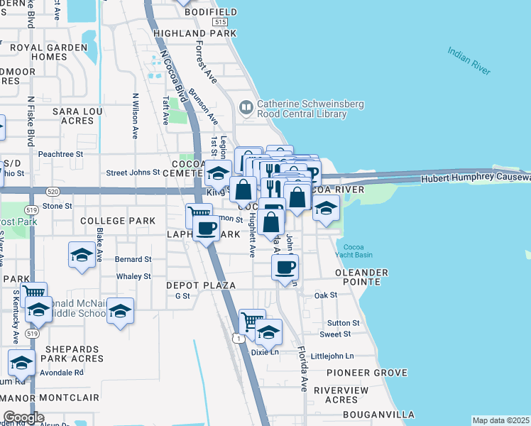 map of restaurants, bars, coffee shops, grocery stores, and more near 115 Stone Street in Cocoa