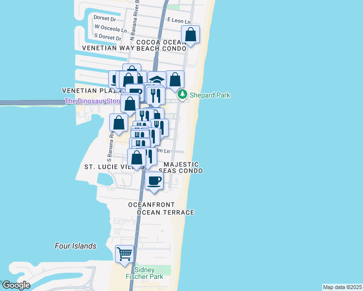 map of restaurants, bars, coffee shops, grocery stores, and more near 4000 Ocean Beach Boulevard in Cocoa Beach