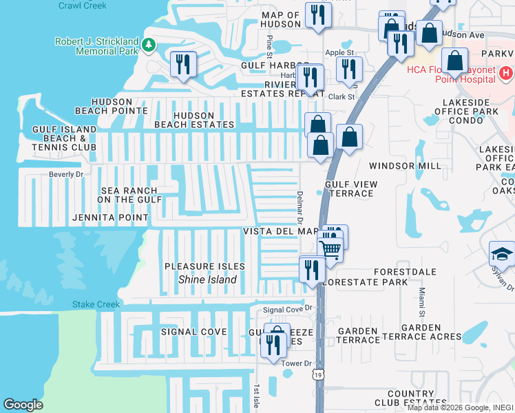 map of restaurants, bars, coffee shops, grocery stores, and more near 6736 Gull Lane in Hudson
