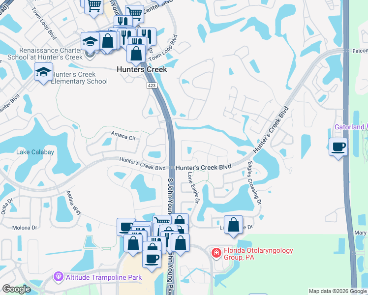 map of restaurants, bars, coffee shops, grocery stores, and more near 2856 Falling Tree Circle in Orlando