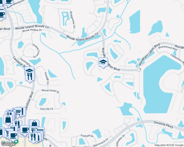 map of restaurants, bars, coffee shops, grocery stores, and more near 14539 Huntcliff Park Way in Orlando