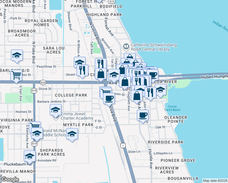 map of restaurants, bars, coffee shops, grocery stores, and more near 243 Stone Street in Cocoa
