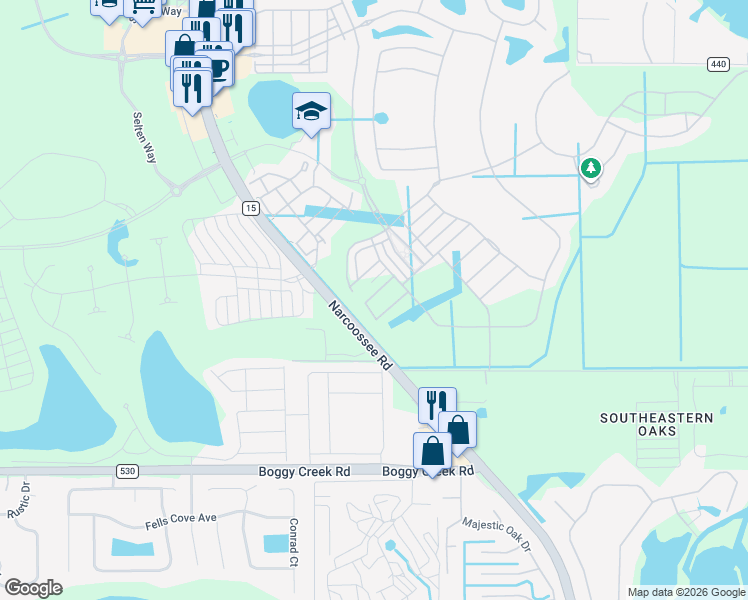 map of restaurants, bars, coffee shops, grocery stores, and more near 14495-14705 Narcoossee Road in Orlando