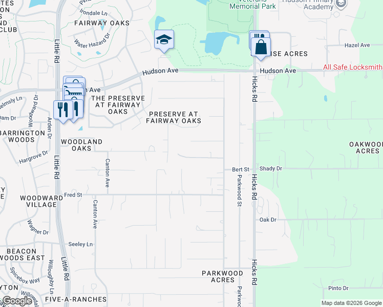 map of restaurants, bars, coffee shops, grocery stores, and more near 9707 Jim Street in Hudson