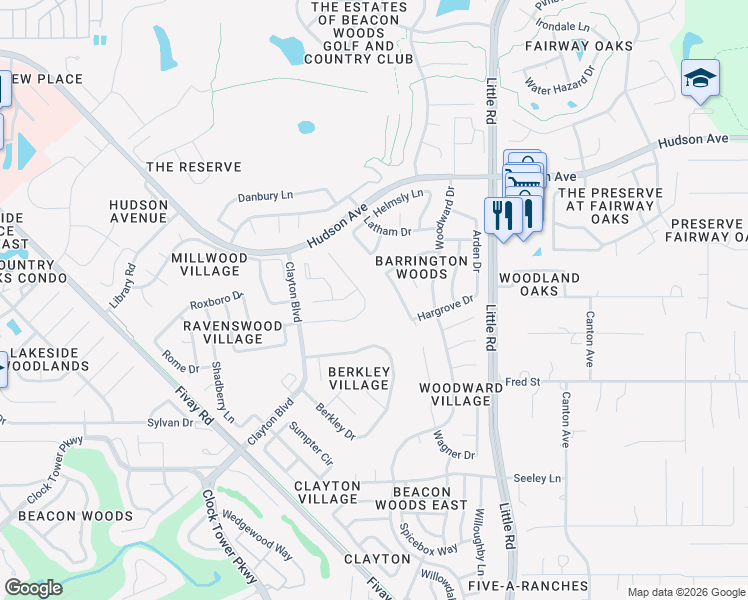 map of restaurants, bars, coffee shops, grocery stores, and more near 8652 Ashbury Drive in Hudson