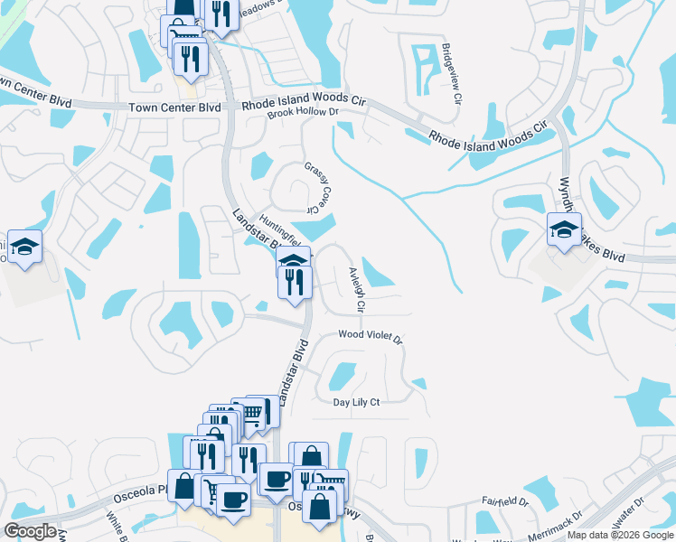 map of restaurants, bars, coffee shops, grocery stores, and more near 14611 Brightwell Court in Orlando