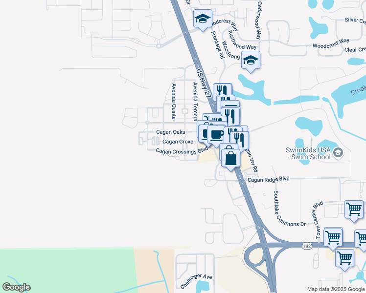 map of restaurants, bars, coffee shops, grocery stores, and more near 537 Avenida Cuarta in Clermont