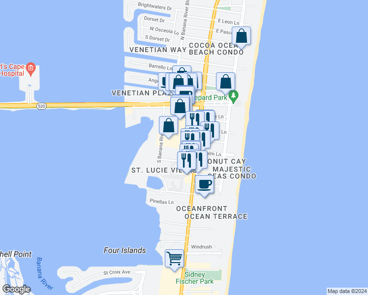 map of restaurants, bars, coffee shops, grocery stores, and more near 201 Saint Lucie Lane in Cocoa Beach