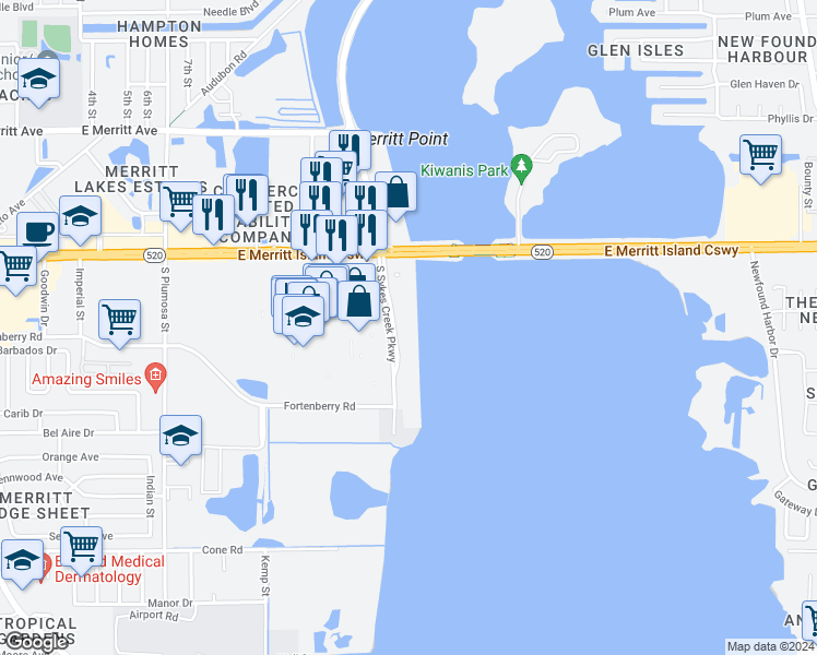 map of restaurants, bars, coffee shops, grocery stores, and more near 200 South Sykes Creek Parkway in Merritt Island