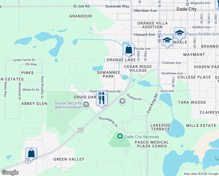 map of restaurants, bars, coffee shops, grocery stores, and more near 36802 Old Suwannee Road in Dade City