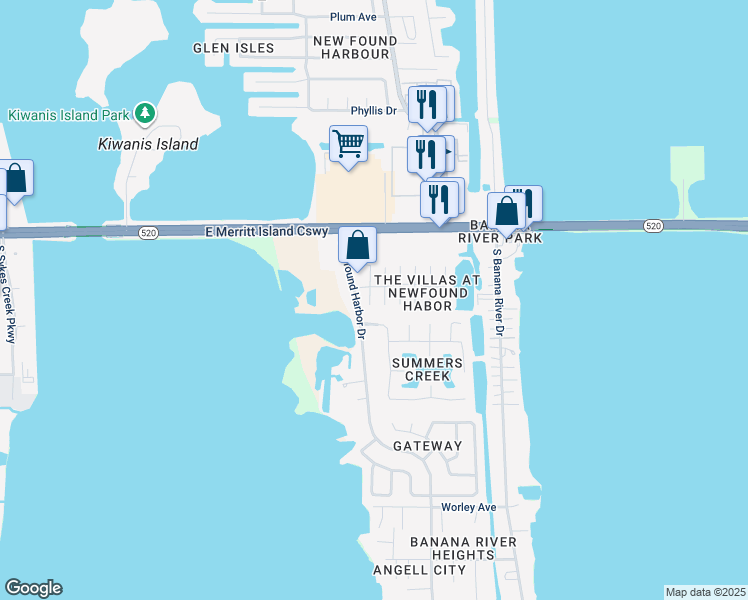 map of restaurants, bars, coffee shops, grocery stores, and more near 120 South Rosiland Court in Merritt Island