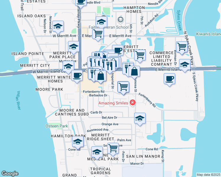 map of restaurants, bars, coffee shops, grocery stores, and more near 190 Fortenberry Road in Merritt Island
