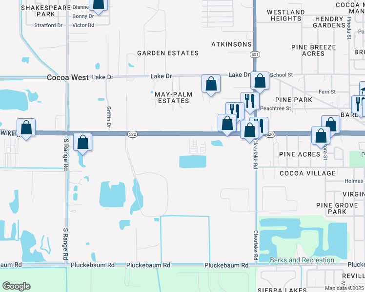 map of restaurants, bars, coffee shops, grocery stores, and more near 1885 West King Street in Cocoa
