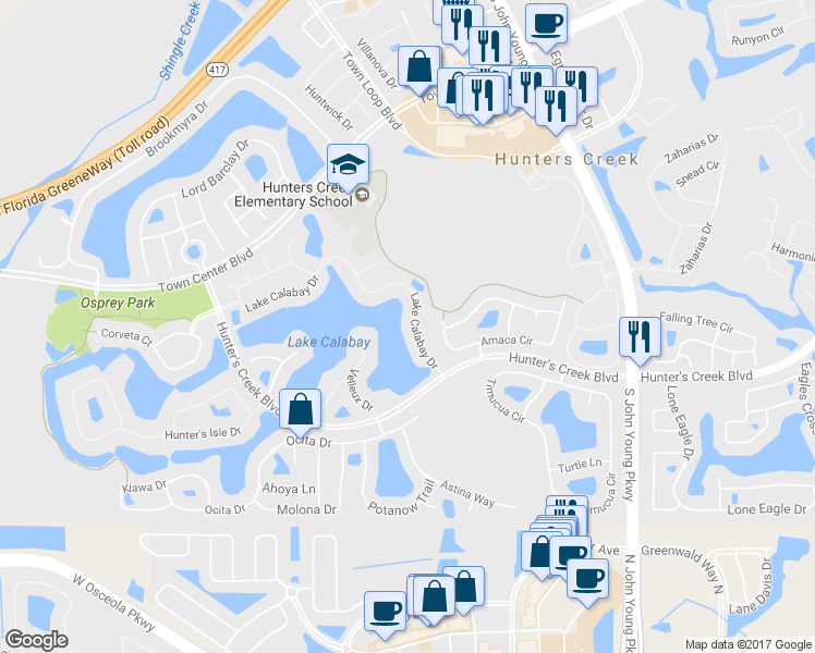 map of restaurants, bars, coffee shops, grocery stores, and more near 4450 Lake Calabay Drive in Orlando