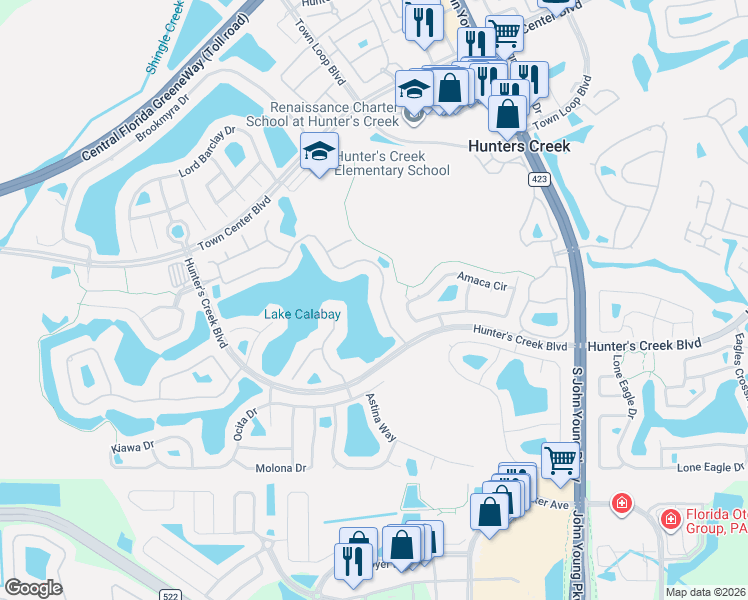 map of restaurants, bars, coffee shops, grocery stores, and more near 4450 Lake Calabay Drive in Orlando