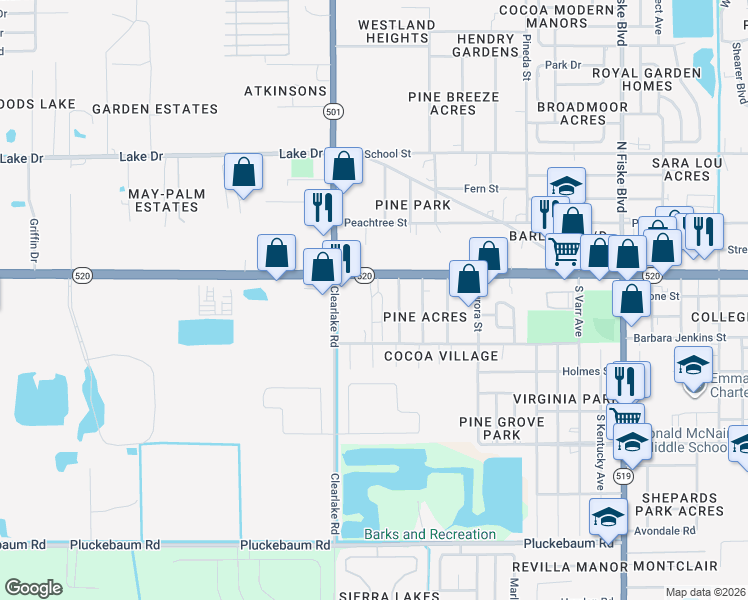 map of restaurants, bars, coffee shops, grocery stores, and more near 1435 West King Street in Cocoa