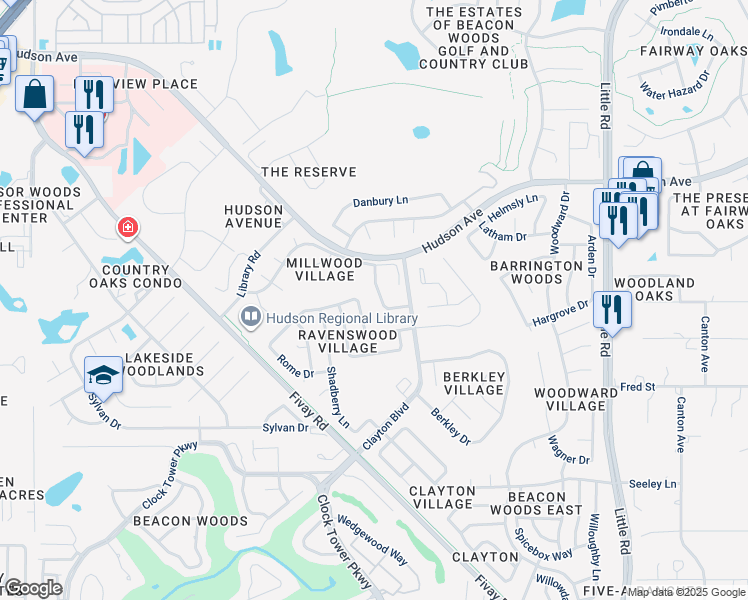 map of restaurants, bars, coffee shops, grocery stores, and more near 13549 Woodside Drive in Hudson