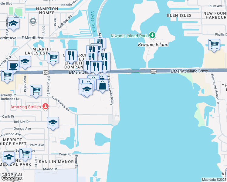 map of restaurants, bars, coffee shops, grocery stores, and more near 777 East Merritt Island Causeway in Merritt Island