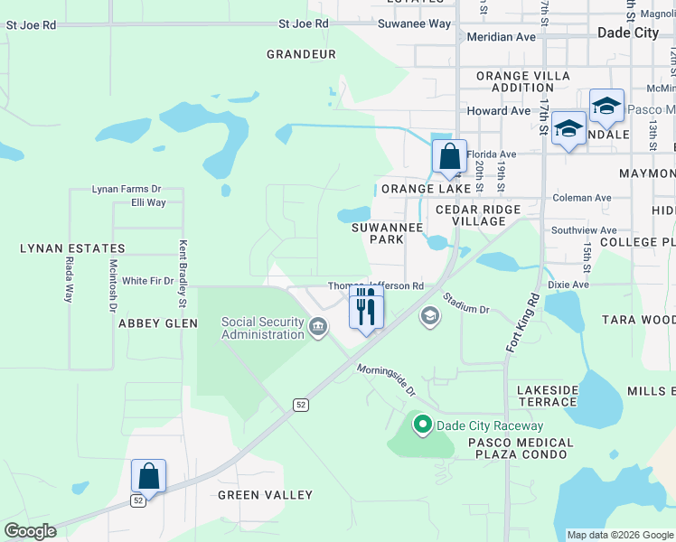 map of restaurants, bars, coffee shops, grocery stores, and more near 36720 Jackson Avenue in Dade City