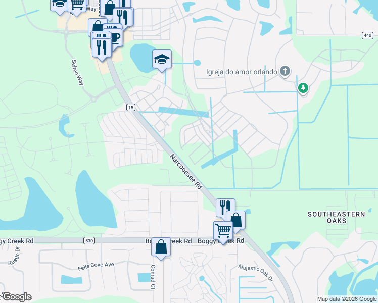 map of restaurants, bars, coffee shops, grocery stores, and more near 14495-14705 Narcoossee Road in Orlando