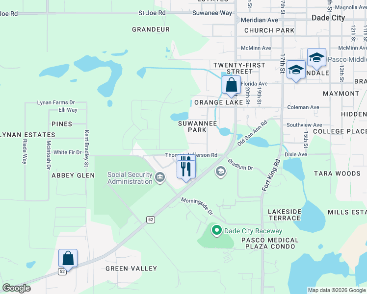 map of restaurants, bars, coffee shops, grocery stores, and more near 36720 Jackson Avenue in Dade City