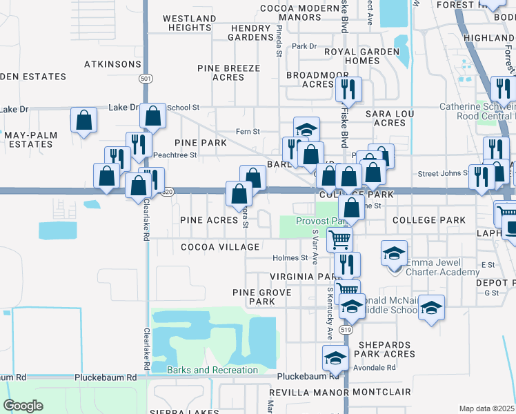 map of restaurants, bars, coffee shops, grocery stores, and more near 1161 North Cocoa Boulevard in Cocoa