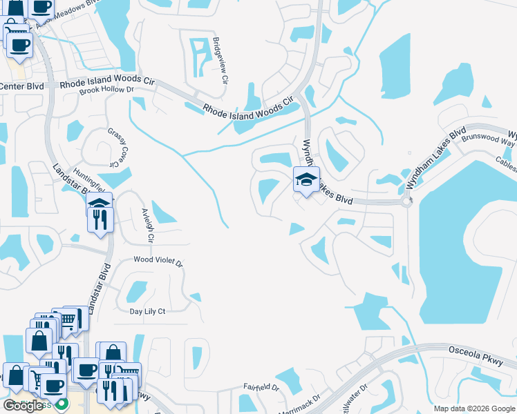 map of restaurants, bars, coffee shops, grocery stores, and more near 14655 Huntcliff Park Way in Orlando