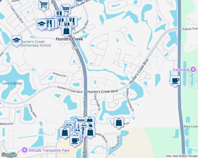 map of restaurants, bars, coffee shops, grocery stores, and more near 2792 Falling Tree Circle in Orlando