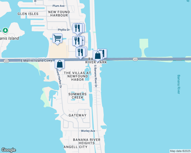 map of restaurants, bars, coffee shops, grocery stores, and more near 177 South Banana River Drive in Merritt Island
